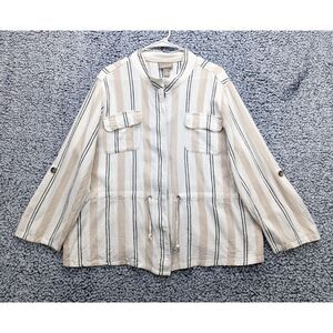 Chicos Linen Blend Boho Jacket Size XL / 3 Button Up Striped Blazer Cream